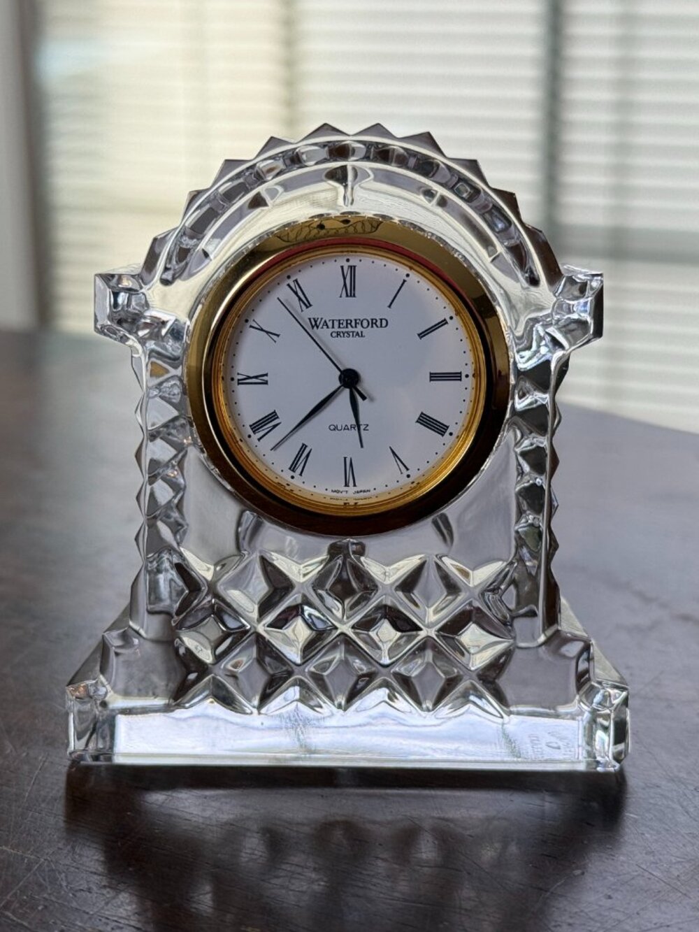 Waterford Crystal Mantel Clock Diamond Cut Roman Numerals Gold Tone Quartz Vinta